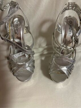 Bumper Silver Metallic Strappy Heeled Sandals - Women's